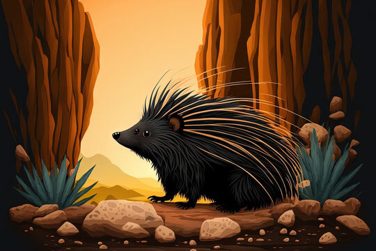 Hystrix indica, an Indian crested porcupine, in its natural rock environment. India in Asia has a cute animal in nature. Black animal with prickles. adorable mammal found in the wild. Generative AI