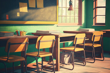 Empty School classroom with desks chair wood, and green board in high school Thailand, vintage tone education concept. Generative AI
