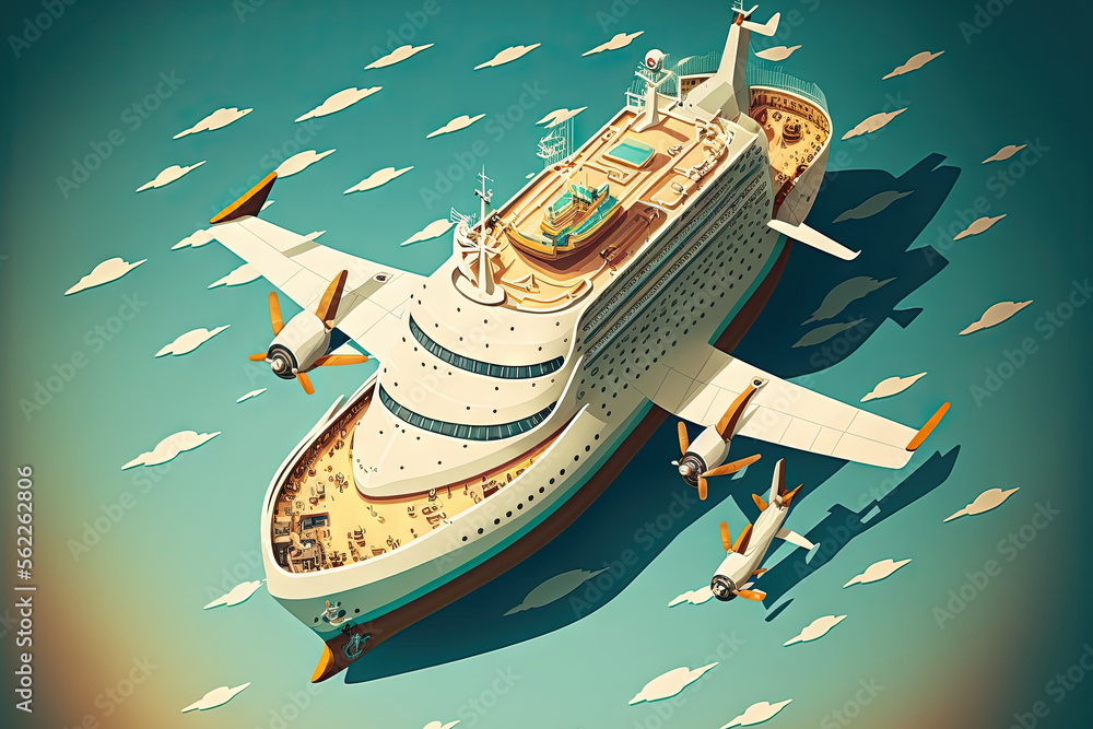 Poster drone scenery in the air with a top down aerial view of a ship sailing. generative ai