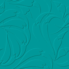 Fototapeta na wymiar 3d floral seamless pattern. Textured beautiful embossed flowers relief background. Repeat emboss turquoise backdrop. Surface line art leaves. 3d flowers endless vintage ornament with embossing effect