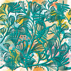 Tropical hand drawn floral 3d seamless pattern. Drawing flowers. Watercolor dirty colorful backgrpund. Repeat flowery vector backdrop. Brush strokes, fern leaves, branches.  Exotic flowers ornament