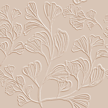 3d embossed lines floral seamless pattern. Textured beautiful flowers relief background. Repeat emboss beige backdrop. Surface leaves, flowers. 3d line art flowers ornament with embossing effect. Art