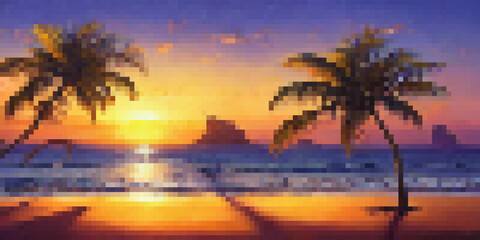 Fototapeta na wymiar Beautiful pixel art vector landscape with sea and sunset, palm tree, sand and blue waves. Tropical paradise illustration for banner or poster.