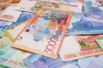 Money of Republic of Kazakhstan. 5000 tenge. Kazakh cash. five thousand rubles. Russian paper banknotes. Concept of currency exchange, relocation, immigration, travel, tourism. Buying gift. Bank. Bill
