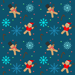 Gingerbread man seamless pattern. Cute gingerbread man and snowflakes vector blue background for new year's day, Christmas, winter holiday, cooking, new year's eve, food, etc. Cute Xmas background.