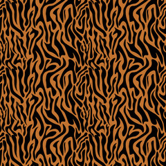 Tiger stripes fur texture. Animal tiger print seamless pattern. Abstract tiger camouflage print. Wild animal pattern background or texture. Seamless leather texture. Animal safari skin texture.