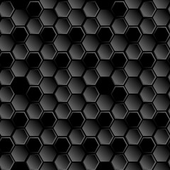 Black beehive background. Futuristic honeycomb, bees hive cells mosaic seamless pattern. Realistic geometric mesh cells texture. Bee honey shapes. Hexagon, hexagon grid, hexagonal vector illustration.