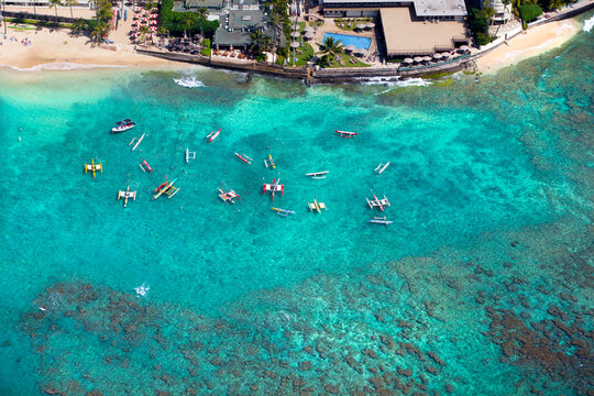 Helicopter overview of outriggers at Hawaiian hotel in Waikiki