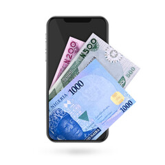 3d Illustration of Nigerian naira notes inside mobile phone