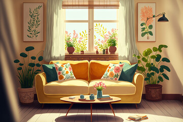 Interior of modern room with comfortable sofa and table with spring flowers. Generative AI