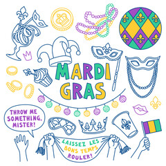 Mardi Gras doodle set. Carnival masks and party decorations. Outline stroke is not expanded, stroke weight is editable. "Laissez Les Bons Temps Rouler" translation: "Let the good times roll"