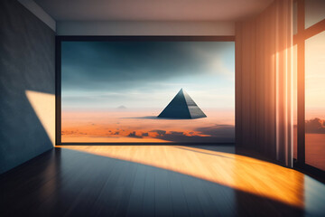 Generative AI: fantasy room with a large window with a pyramid landscape
