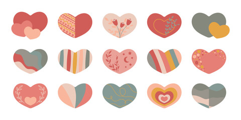 Zestaw kolorowych serc - kolekcja płaskich ilustracji w stylu boho. Proste elementy do projektów - serce, miłość, walentynka, ślub, zdrowie, troska. - obrazy, fototapety, plakaty