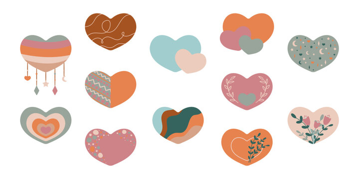 Zestaw kolorowych serc - kolekcja płaskich ilustracji w stylu boho. Proste elementy do projektów - serce, miłość, walentynka, ślub, zdrowie, troska.