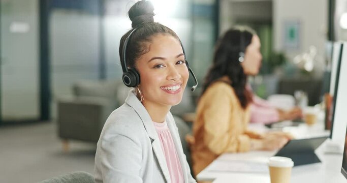 Happy CRM portrait, customer service or woman consultant smile for success telemarketing, help or communication. Sales advisor, call center or employee for contact us consulting or customer support