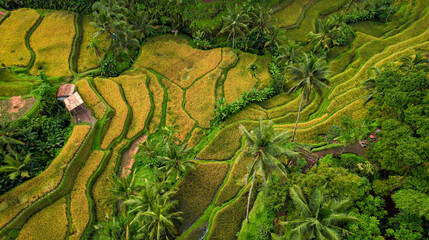 Fototapeta premium Overhead Drone Image of Famous Rice Terrace in Bali, Indonesia
