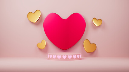 3d illustration of pink pedestal with ornaments of shiny pink hearts, one big red heart and several gold ones on a pink background for use in love themes