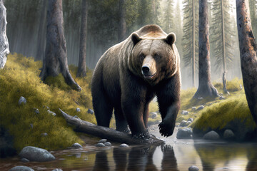 Obraz na płótnie Canvas A big brown grizzly bear walks through the forest looking for prey to catch. Illustration by AI generative