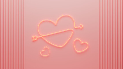 3d rendering of heart shaped neon lights on a pink wall, suitable for use in themes about love