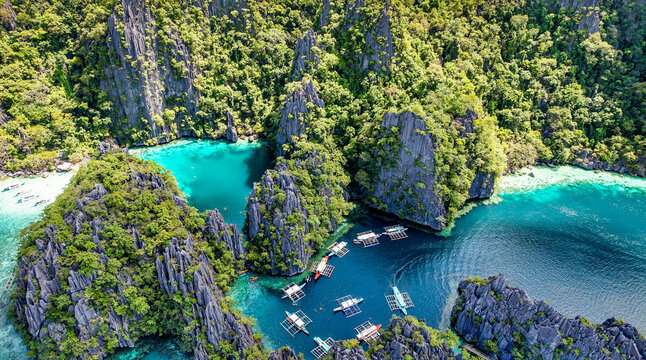 Aerial Drone Image of Popular Twin Lagoon, Coron, Palawan, Philippines