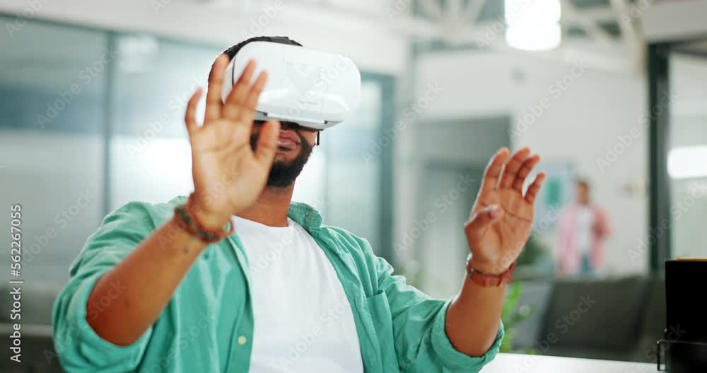 Leinwandbilder virtual reality, cyber vr metaverse and black man work on futuristic dashboard, augmented reality or