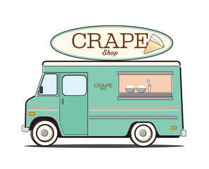 移動販売クレープのフードトラック、イラストレーション。マルシェなどの告知にどうぞ。
