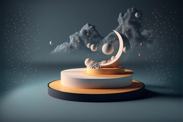 monochrome space objects on product display pedestal podium, generative ai