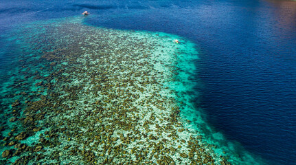 Catamaran Sailing Close To Shallow Coral Reef In The Ocean In Palawan, Philippines