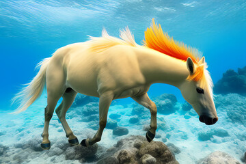 Naklejka na ściany i meble White Horse Walking Underwater on Ocean Bottom Illustration Generative AI