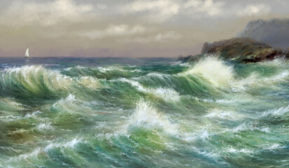 Stormy sea waves, waves on the beach