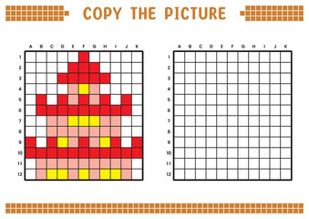 Copy the picture, complete the grid image. Educational worksheets drawing with squares, coloring cell areas. Children's preschool activities. Cartoon vector, pixel art. Temple illustration.