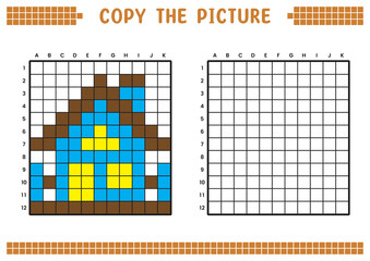 Copy the picture, complete the grid image. Educational worksheets drawing with squares, coloring cell areas. Children's preschool activities. Cartoon vector, pixel art. House illustration.
