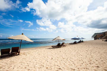 Beautiful view of Melasti Beach, a tropical beach, famous tourist destination located in Bali Island, Indonesia.