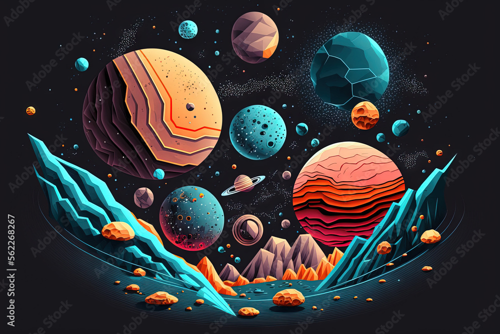 Poster planets in outer space with meteorites. distant solar system asteroids. concept from science fiction