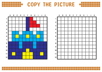Copy the picture, complete the grid image. Educational worksheets drawing with squares, coloring cell areas. Children's preschool activities. Cartoon vector, pixel art. Palace building illustration.