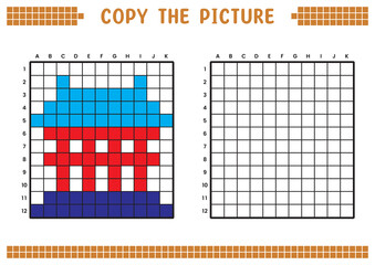Copy the picture, complete the grid image. Educational worksheets drawing with squares, coloring cell areas. Children's preschool activities. Cartoon vector, pixel art. Temple gate illustration.