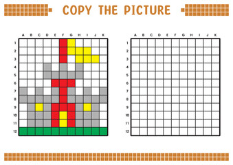 Copy the picture, complete the grid image. Educational worksheets drawing with squares, coloring cell areas. Children's preschool activities. Cartoon vector, pixel art. Sand castle illustration.