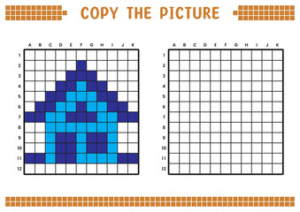 Fototapeta premium Copy the picture, complete the grid image. Educational worksheets drawing with squares, coloring cell areas. Children's preschool activities. Cartoon vector, pixel art. House building illustration.
