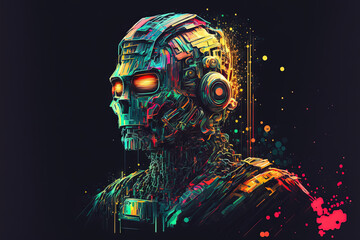 Portrait of futuristic robot. Image with glitch effect. Concept of future technology, virtual assistant, robotic, artificial intelligence and cyber security. Generative AI