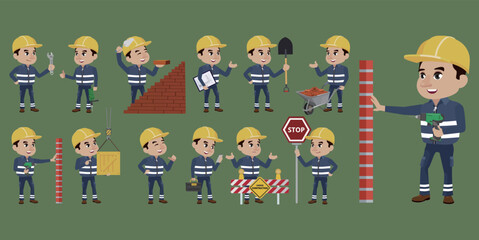 Set of worker with different poses