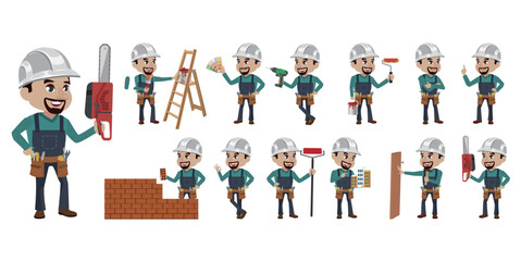 Set of worker with different poses