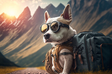 Dog traveler with backpacks in the mountains. Created with generative Ai technology.