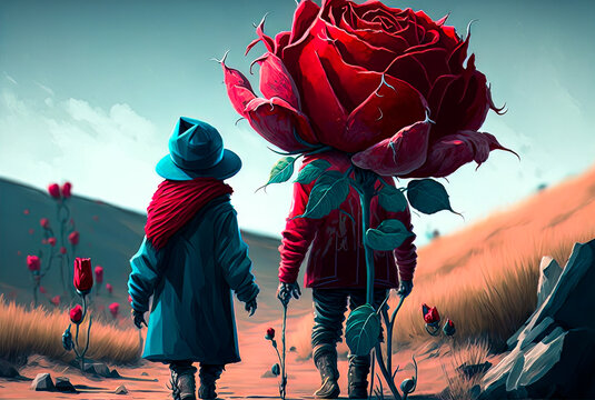 Illustrated rose characters cartoon inspired abstract valentines day images walking down a trail 