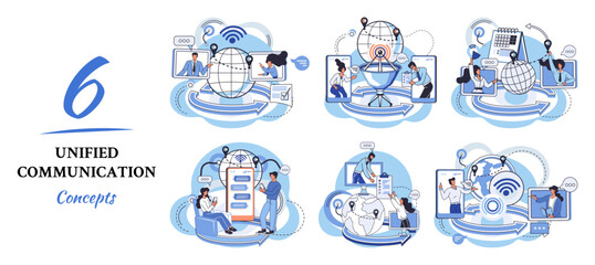 Unified communication metaphor. Characters use wireless telephony connection. Telecommunication system via cloud or network. Social media creative idea. Online social network. Business interaction app