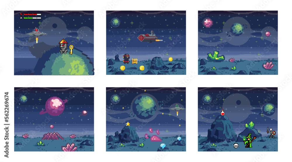 Poster cosmic scenes set in pixel art. pixelated location for game or application. background of space and 