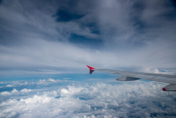 View of an airplane wing on a sunny day with a sky full of clouds.