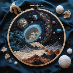 Naklejka premium Embroidery of the space, universe, and milky way, illustration made with Generative AI