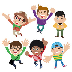 Set of young man characters in hipster fashion clothes