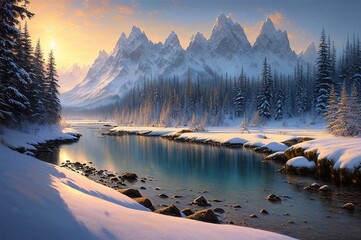 Fototapeta na wymiar Digital painting of a winter landscape, Generative AI