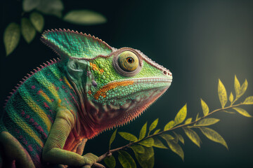 Colorful beautiful cameleon closeup, tropical reptile  illustration background, generative ai